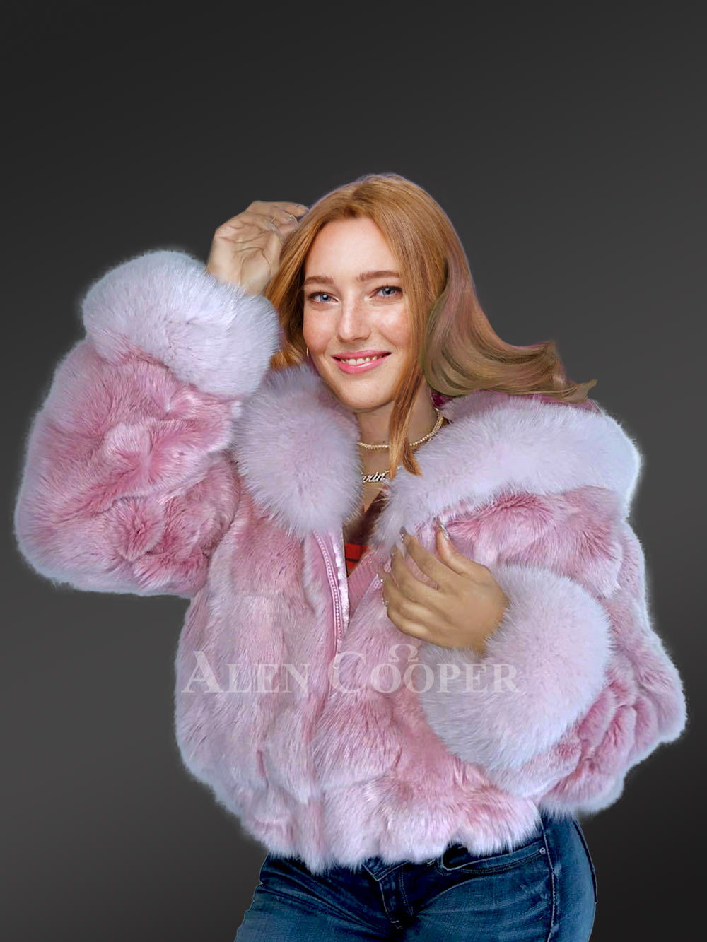 Fox Fur Cropped Bomber Jacket in a Lovely Shade of Pink - Image 2