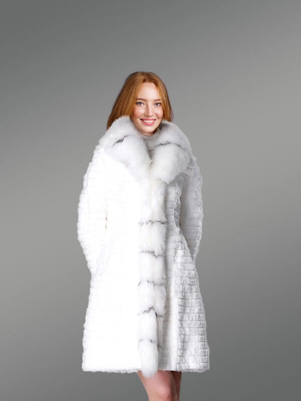 Horizontal Layered Rabbit Coat with Frontline Fox Trims in White