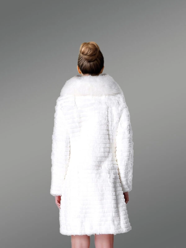 Horizontal Layered Rabbit Coat with Frontline Fox Trims in White - Image 6