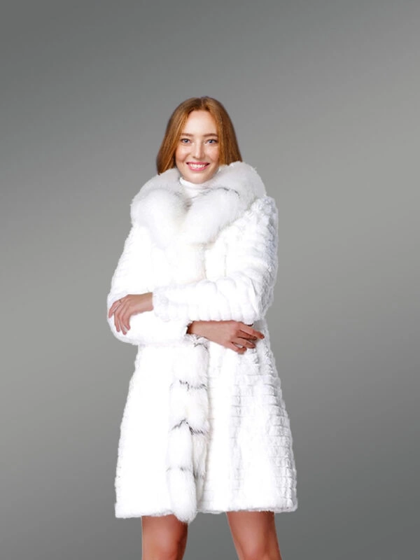 Horizontal Layered Rabbit Coat with Frontline Fox Trims in White - Image 5