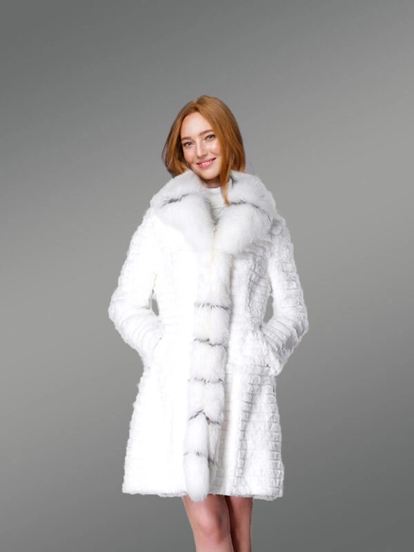 Horizontal Layered Rabbit Coat with Frontline Fox Trims in White - Image 4