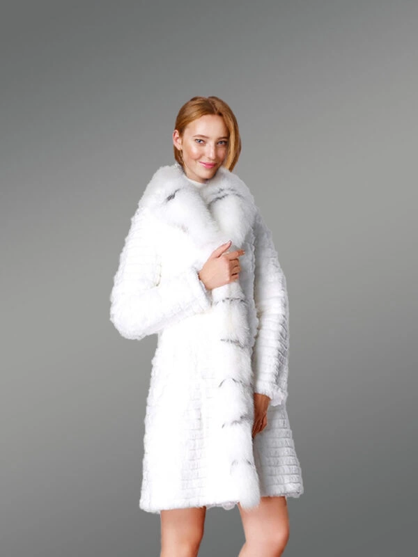 Horizontal Layered Rabbit Coat with Frontline Fox Trims in White - Image 3