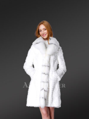 Horizontal Layered Rabbit Coat with Frontline Fox Trims in White
