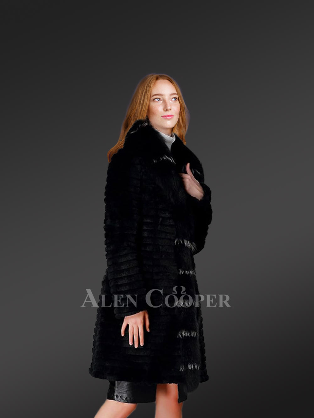 Horizontal Layered Rabbit Coat with Frontline Fox Trims - Image 3