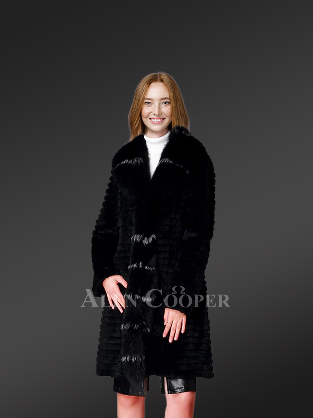 Horizontal Layered Rabbit Coat with Frontline Fox Trims - Image 2