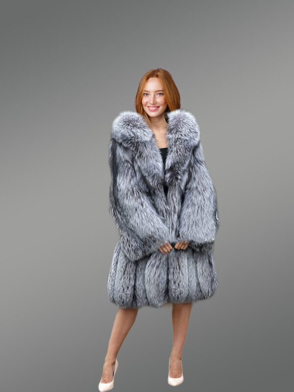 Long Blue Silver Fox Fur Coat for Women - Image 3