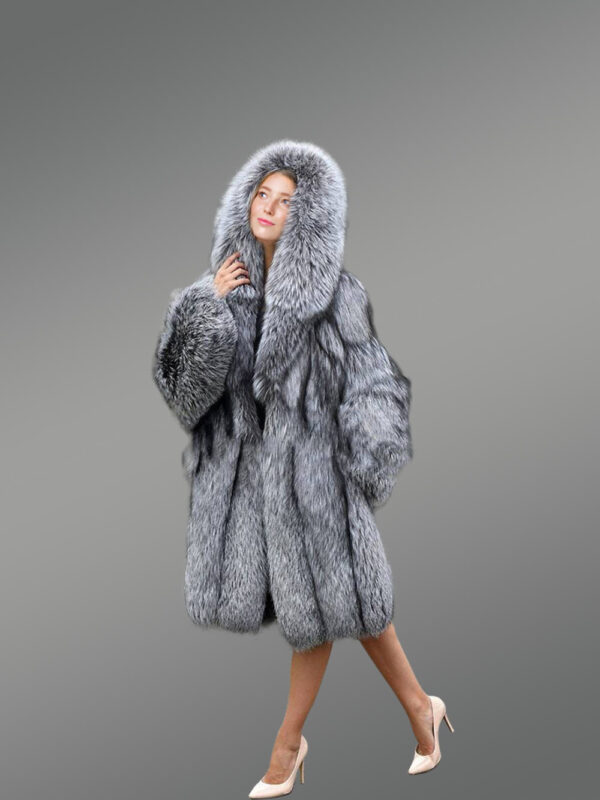 Long Blue Silver Fox Fur Coat for Women - Image 5