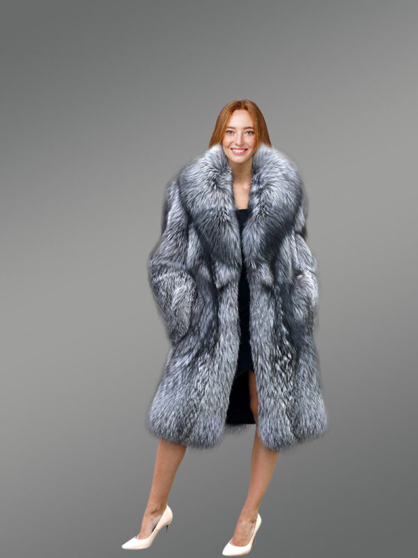 Long Blue Silver Fox Fur Coat for Women - Image 4