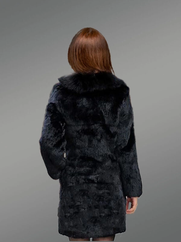 Long Rabbit Coat in Black with Shawl Style Collar of Fox Fur - Image 4