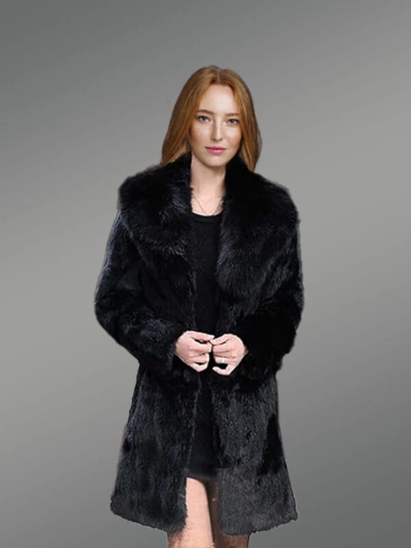 Long Rabbit Coat in Black with Shawl Style Collar of Fox Fur - Image 3