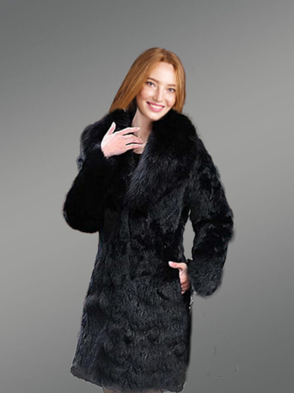 Long Rabbit Coat in Black with Shawl Style Collar of Fox Fur - Image 2