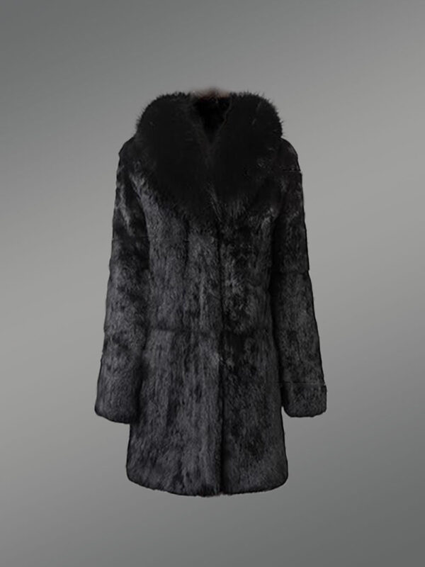 Long Rabbit Coat in Black with Shawl Style Collar of Fox Fur - Image 6