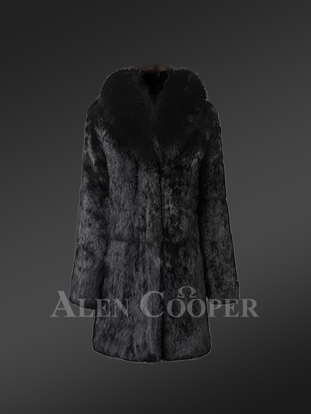 Long Rabbit Coat in Black with Shawl Style Collar of Fox Fur - Image 4