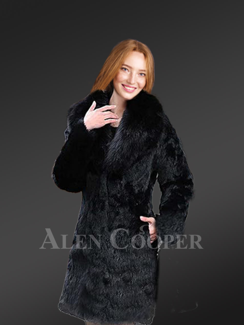 Long Rabbit Coat in Black with Shawl Style Collar of Fox Fur - Image 3