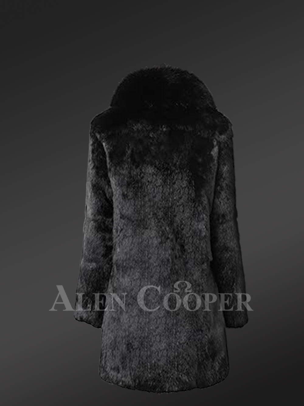Long Rabbit Coat in Black with Shawl Style Collar of Fox Fur - Image 5