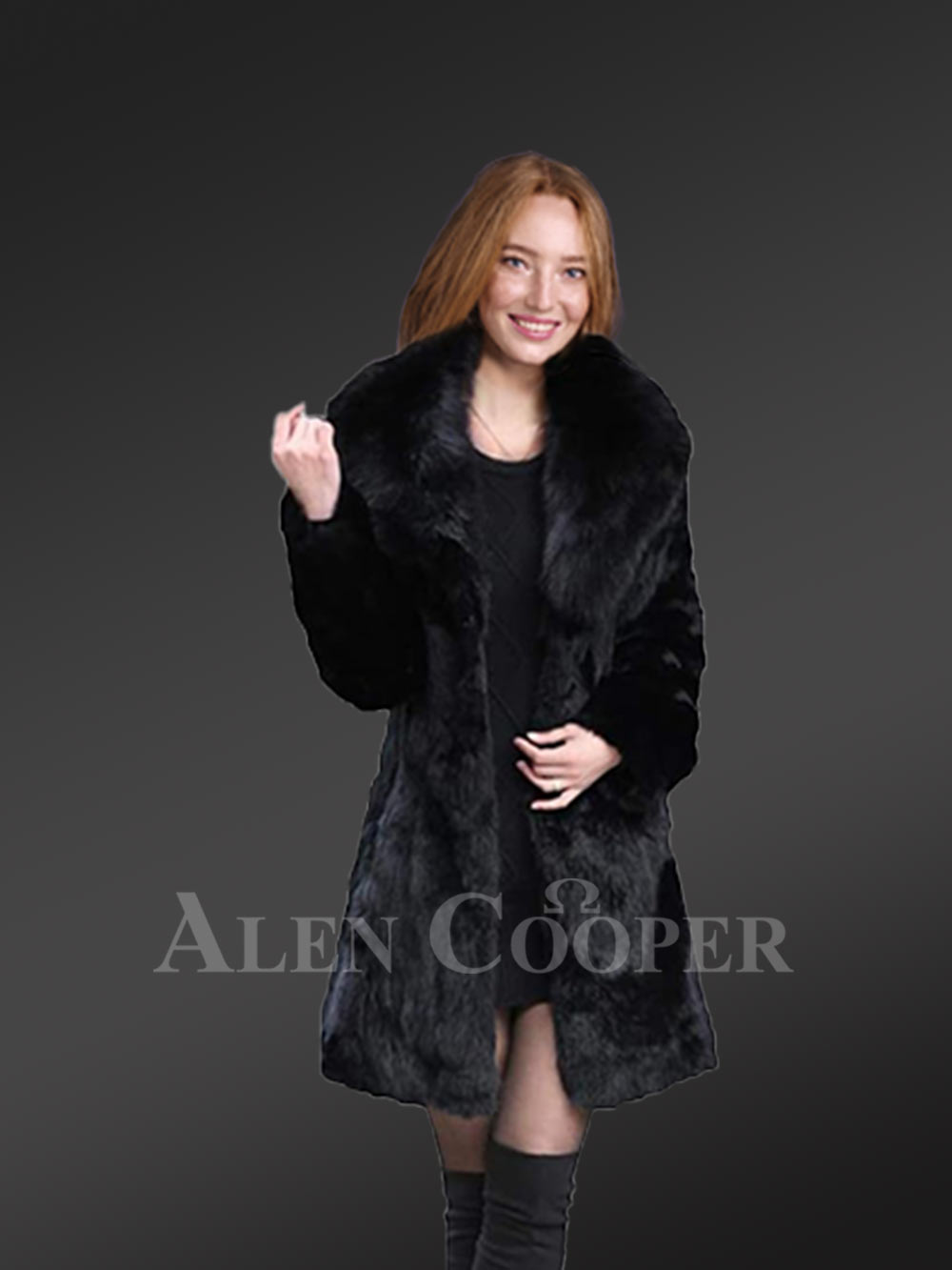 Long Rabbit Coat in Black with Shawl Style Collar of Fox Fur - Image 2