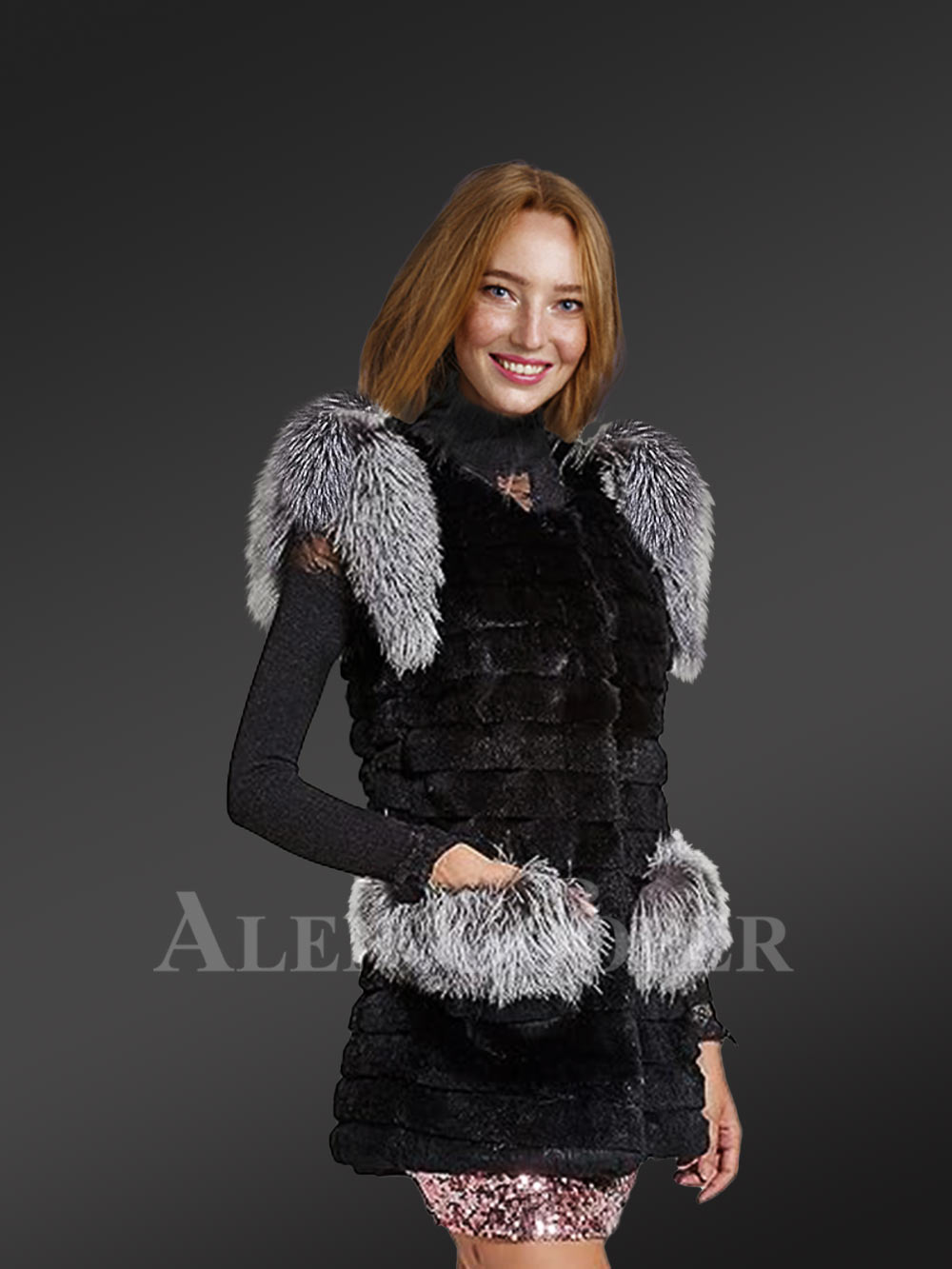 Womens Rabbit Vest With Fox Fur Accent on Shoulders and Pockets - Image 3