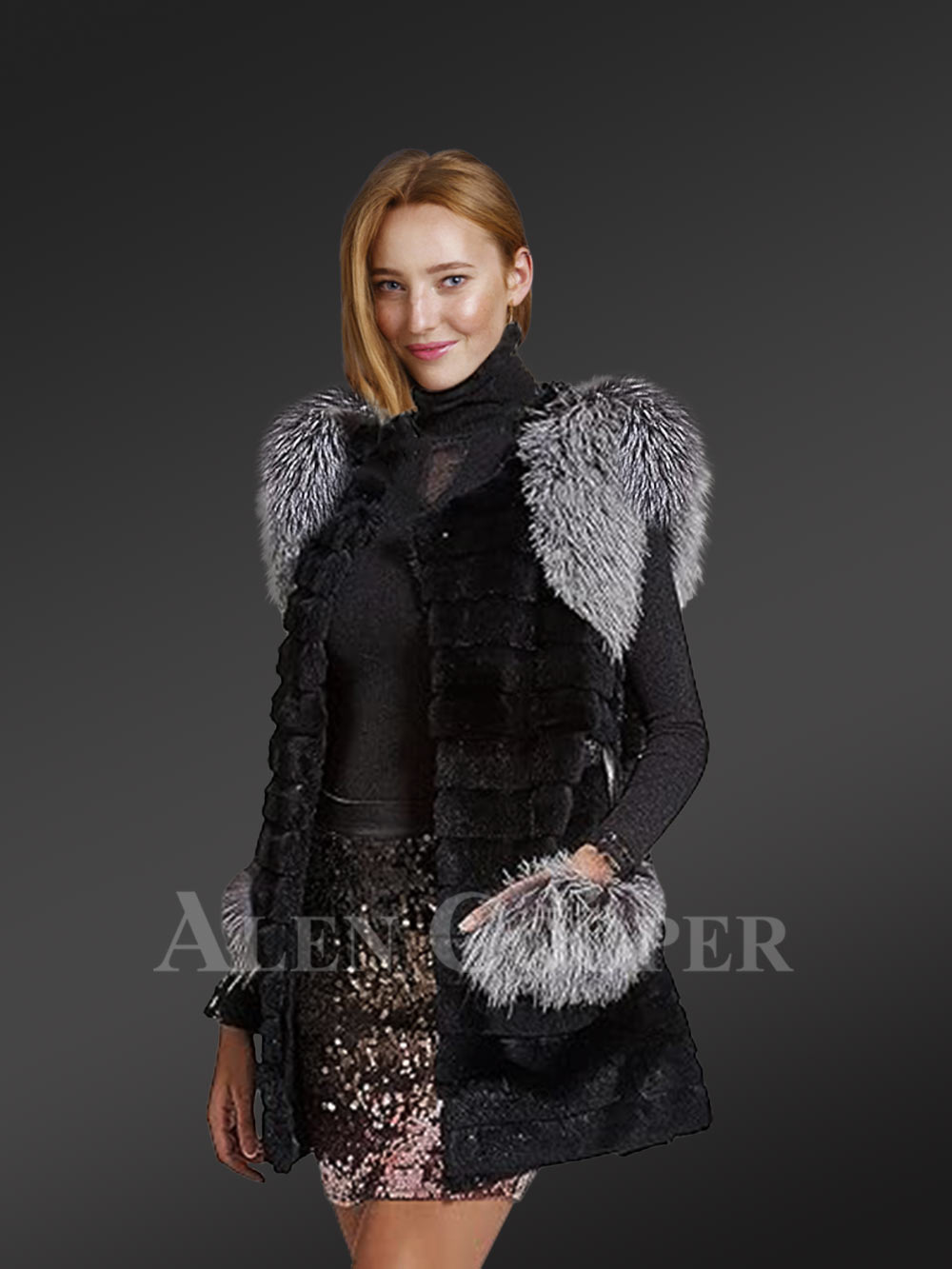 Womens Rabbit Vest With Fox Fur Accent on Shoulders and Pockets - Image 4