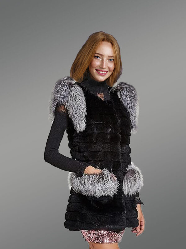 Womens Rabbit Vest With Fox Fur Accent on Shoulders and Pockets - Image 5