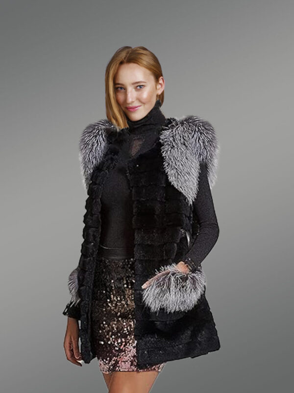 Womens Rabbit Vest With Fox Fur Accent on Shoulders and Pockets - Image 4