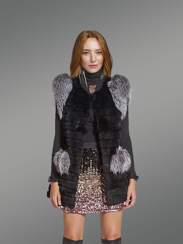 Womens Rabbit Vest With Fox Fur Accent on Shoulders and Pockets - Image 3