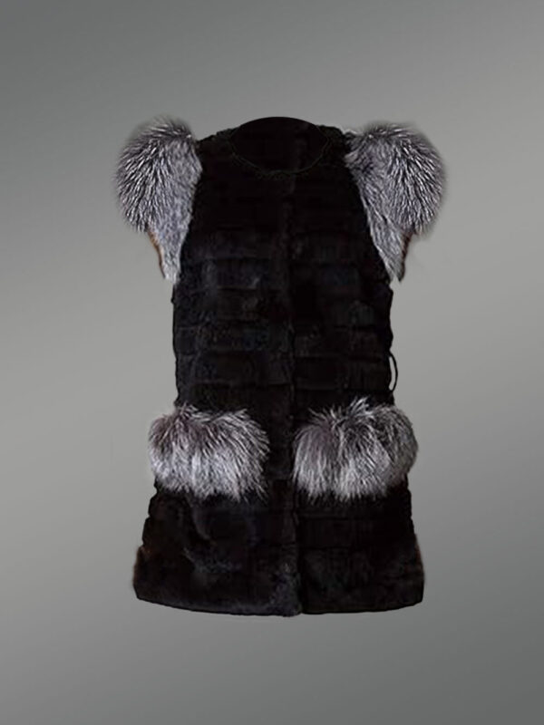 Womens Rabbit Vest With Fox Fur Accent on Shoulders and Pockets - Image 6