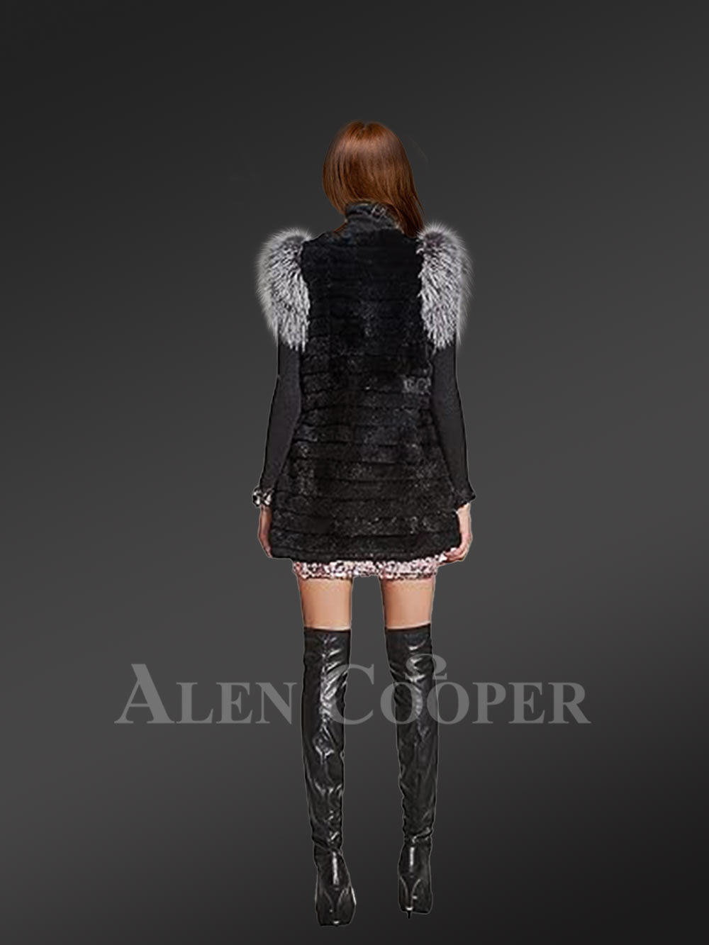 Womens Rabbit Vest With Fox Fur Accent on Shoulders and Pockets - Image 5