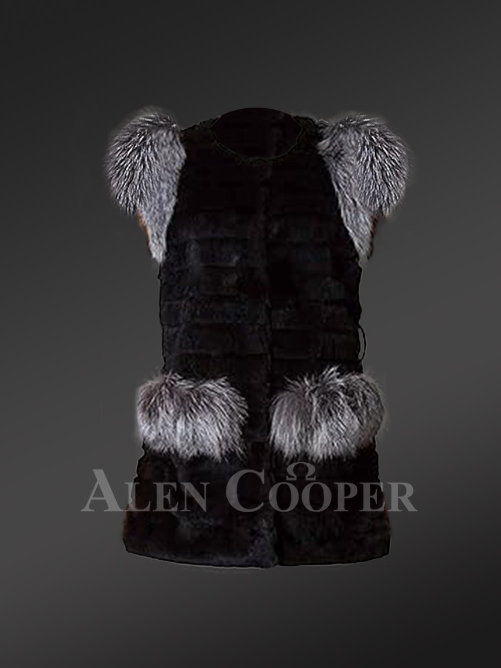 Womens Rabbit Vest With Fox Fur Accent on Shoulders and Pockets - Image 7