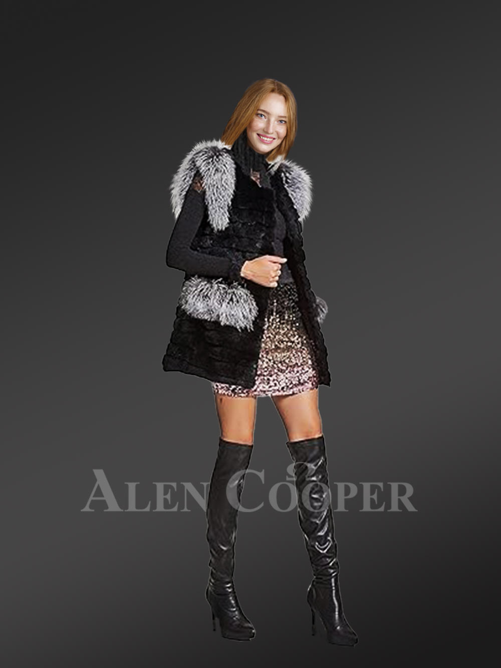 Womens Rabbit Vest With Fox Fur Accent on Shoulders and Pockets - Image 6