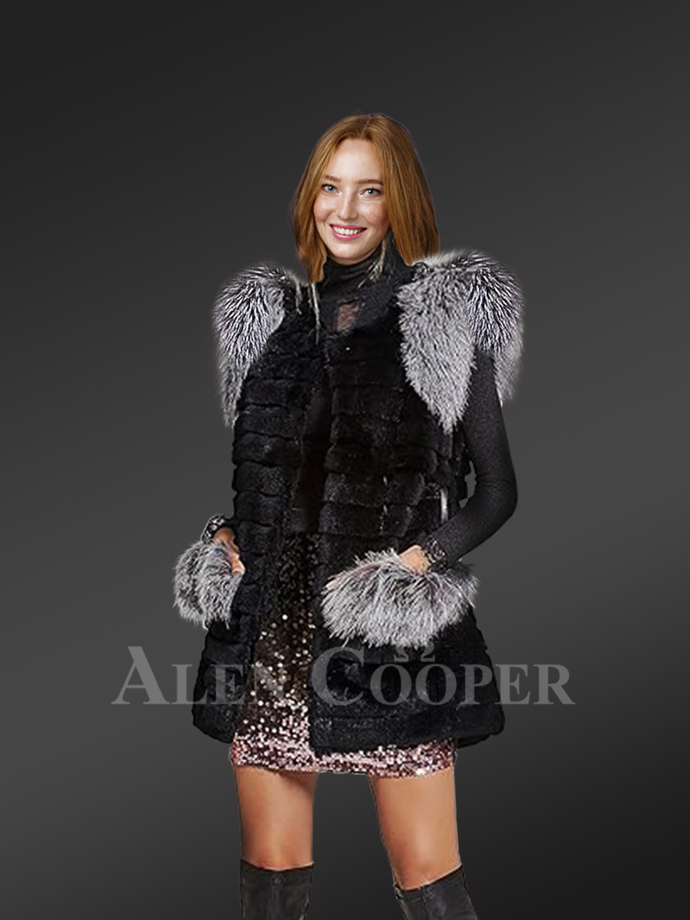 Womens Rabbit Vest With Fox Fur Accent on Shoulders and Pockets - Image 2
