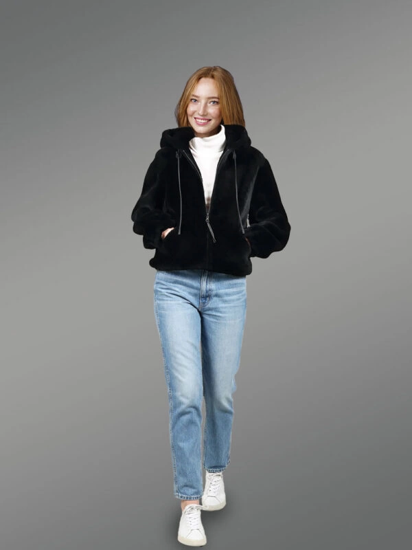 Women’s Shearling Bomber Jacket with Hood - Image 4