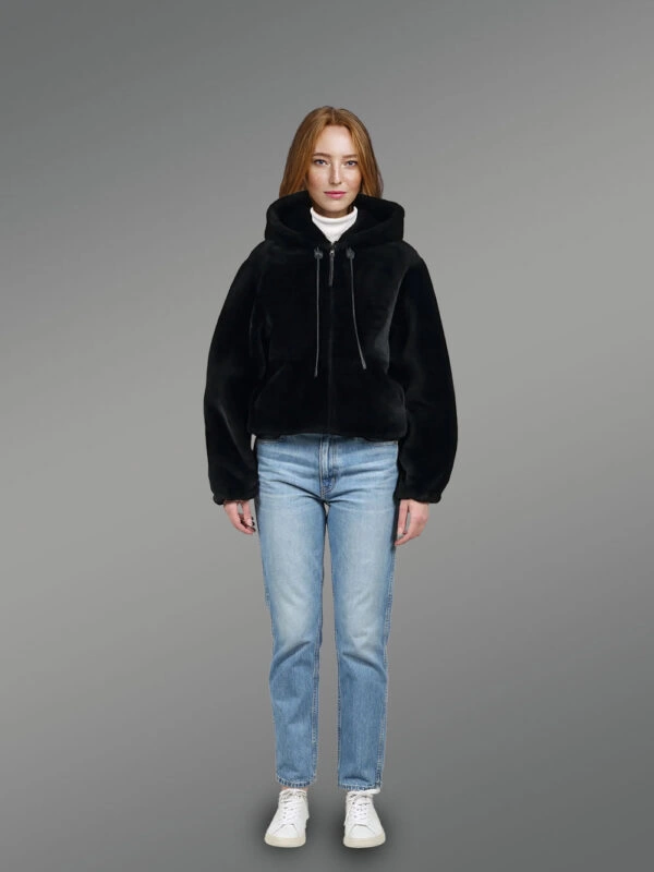 Women’s Shearling Bomber Jacket with Hood - Image 2