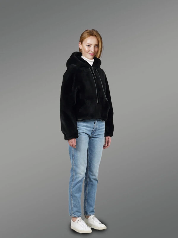 Women’s Shearling Bomber Jacket with Hood - Image 3