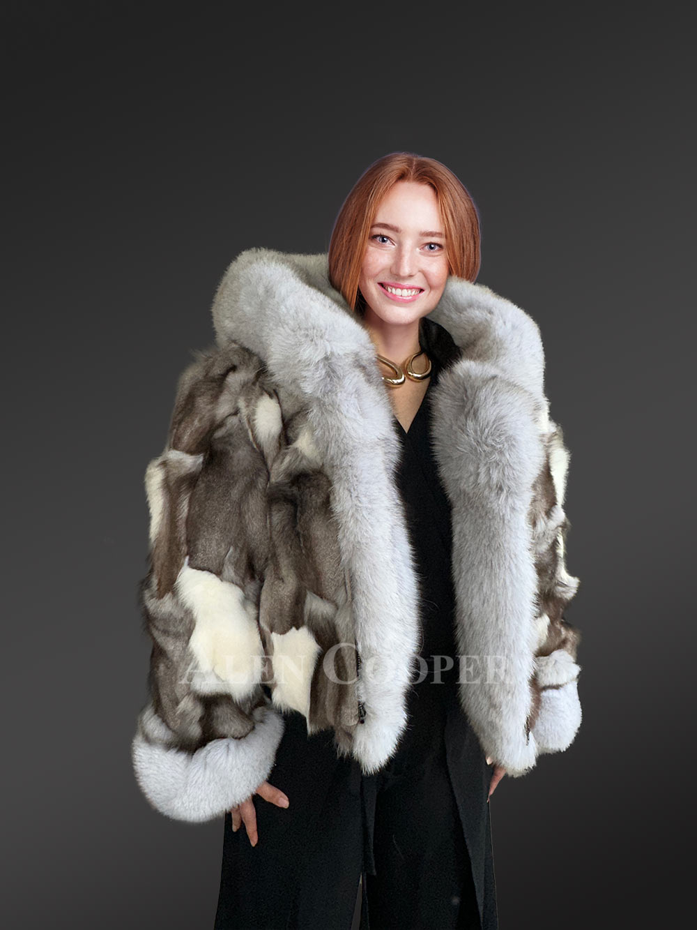 Womens Fox Fur Patterned Jacket with Stylish Hood and Cuffs - Image 3