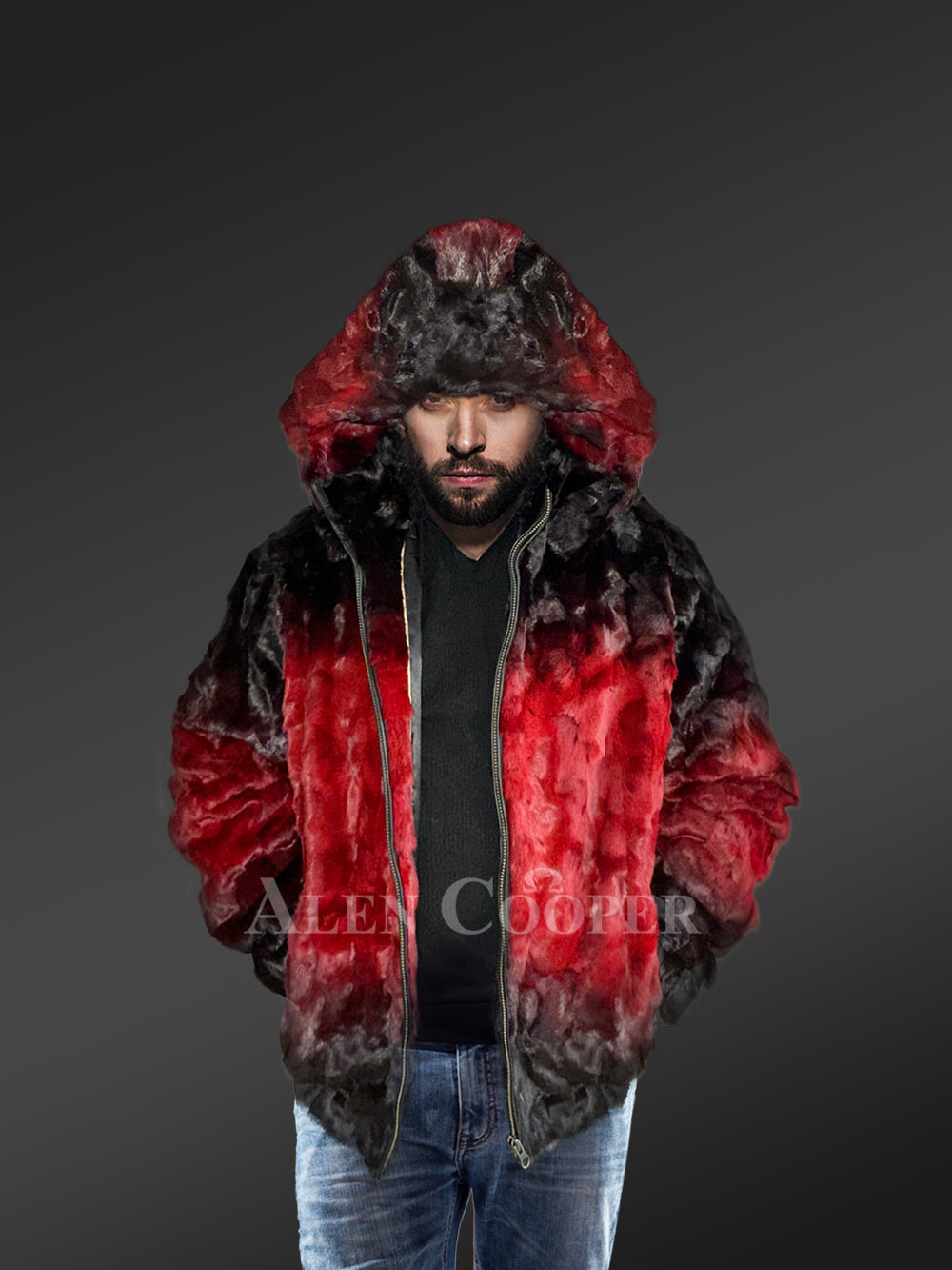 Mens Mink Bomber with Hood in a Vivid Color Combination - Image 2