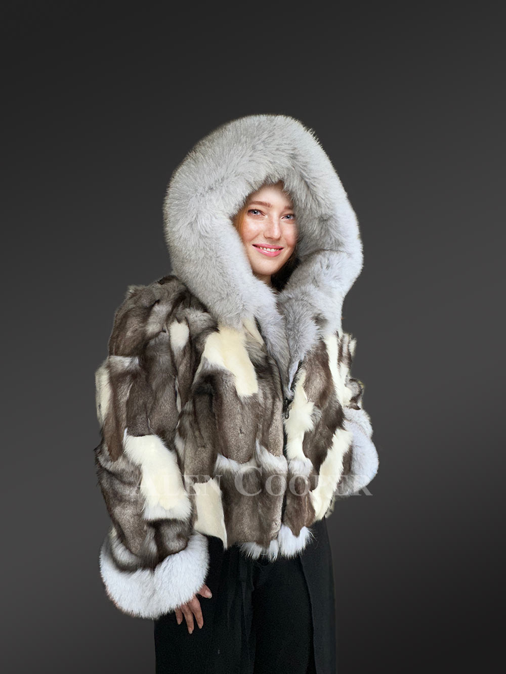 Womens Fox Fur Patterned Jacket with Stylish Hood and Cuffs - Image 8