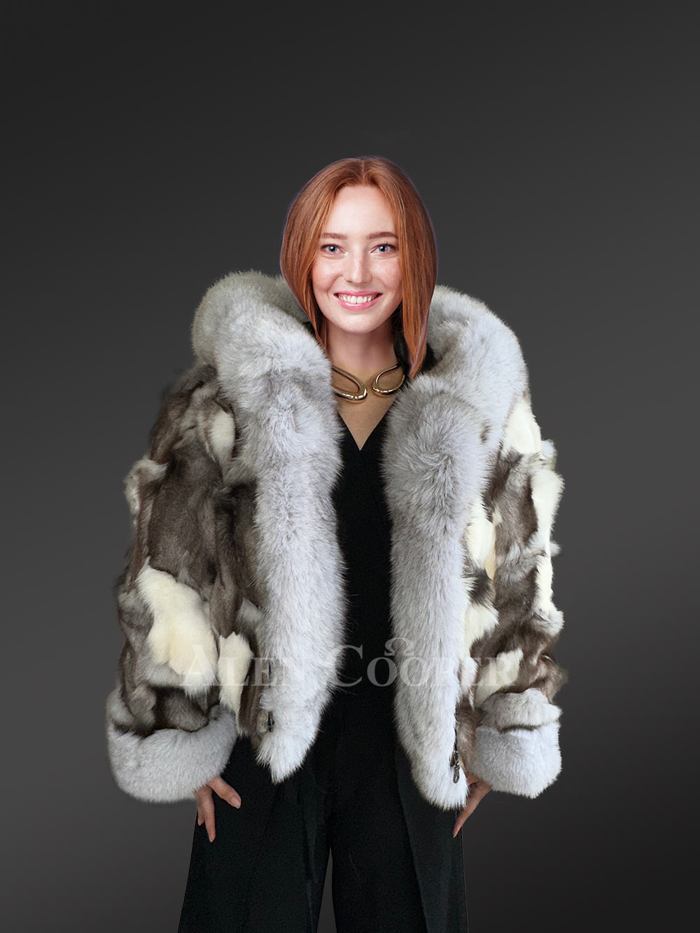 Womens Fox Fur Patterned Jacket with Stylish Hood and Cuffs - Image 9