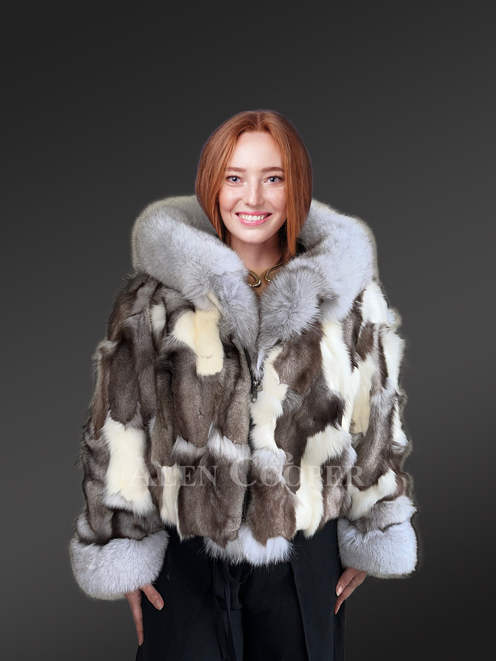 Womens Fox Fur Patterned Jacket with Stylish Hood and Cuffs - Image 2