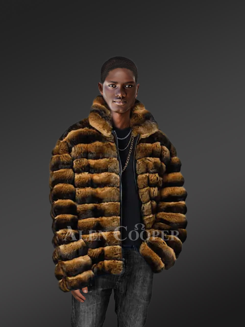Mens Rex Rabbit Bomber Jacket with Turtleneck Collar - Image 2