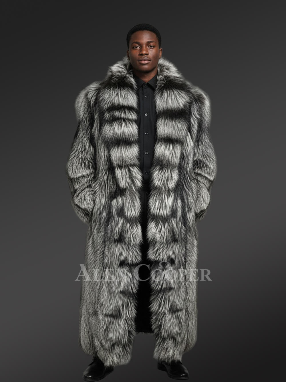 Mens Long Silver Fox Coat with Frontline for High Fashion Looks