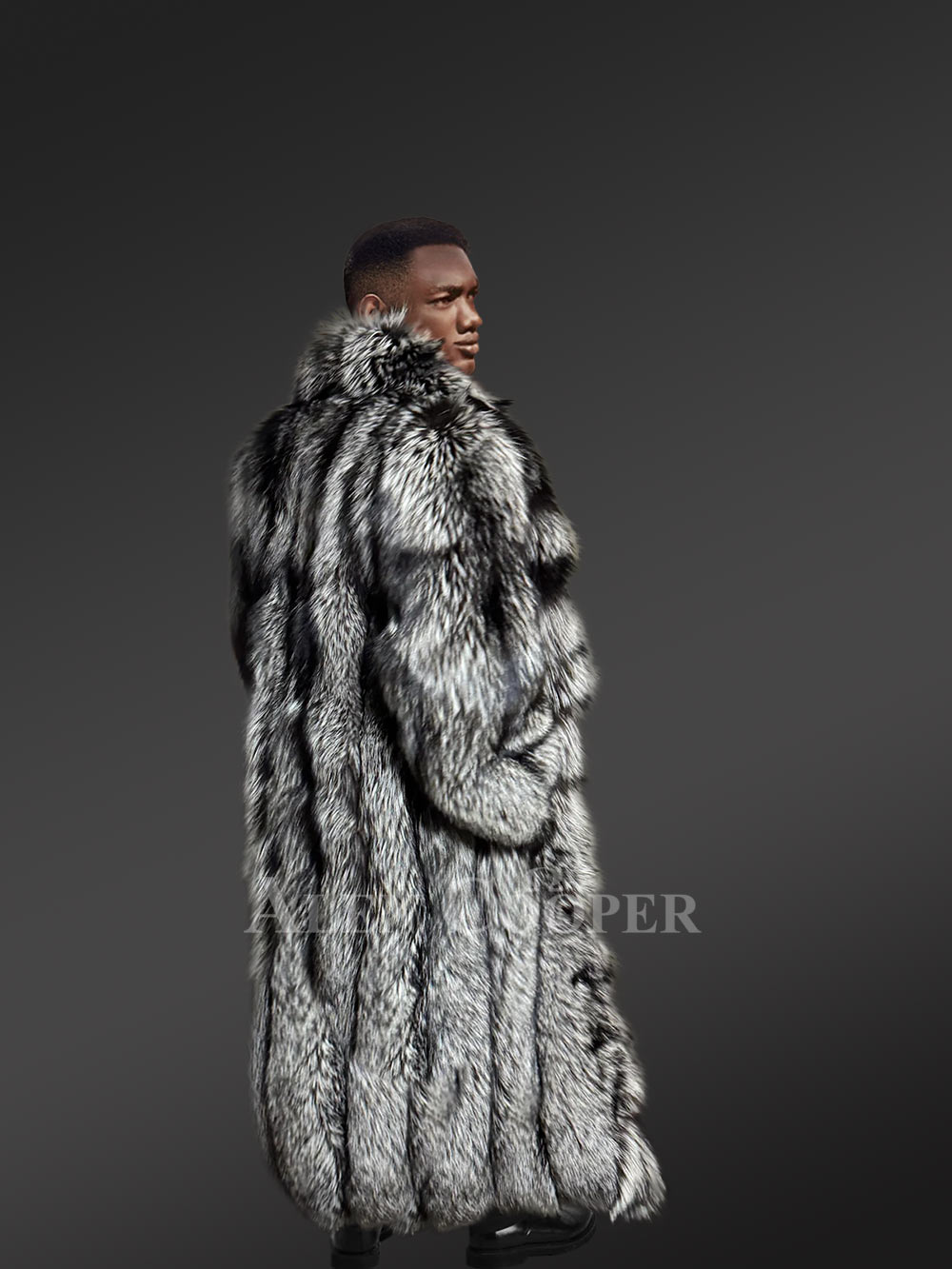 Mens Long Silver Fox Coat with Frontline for High Fashion Looks - Image 2