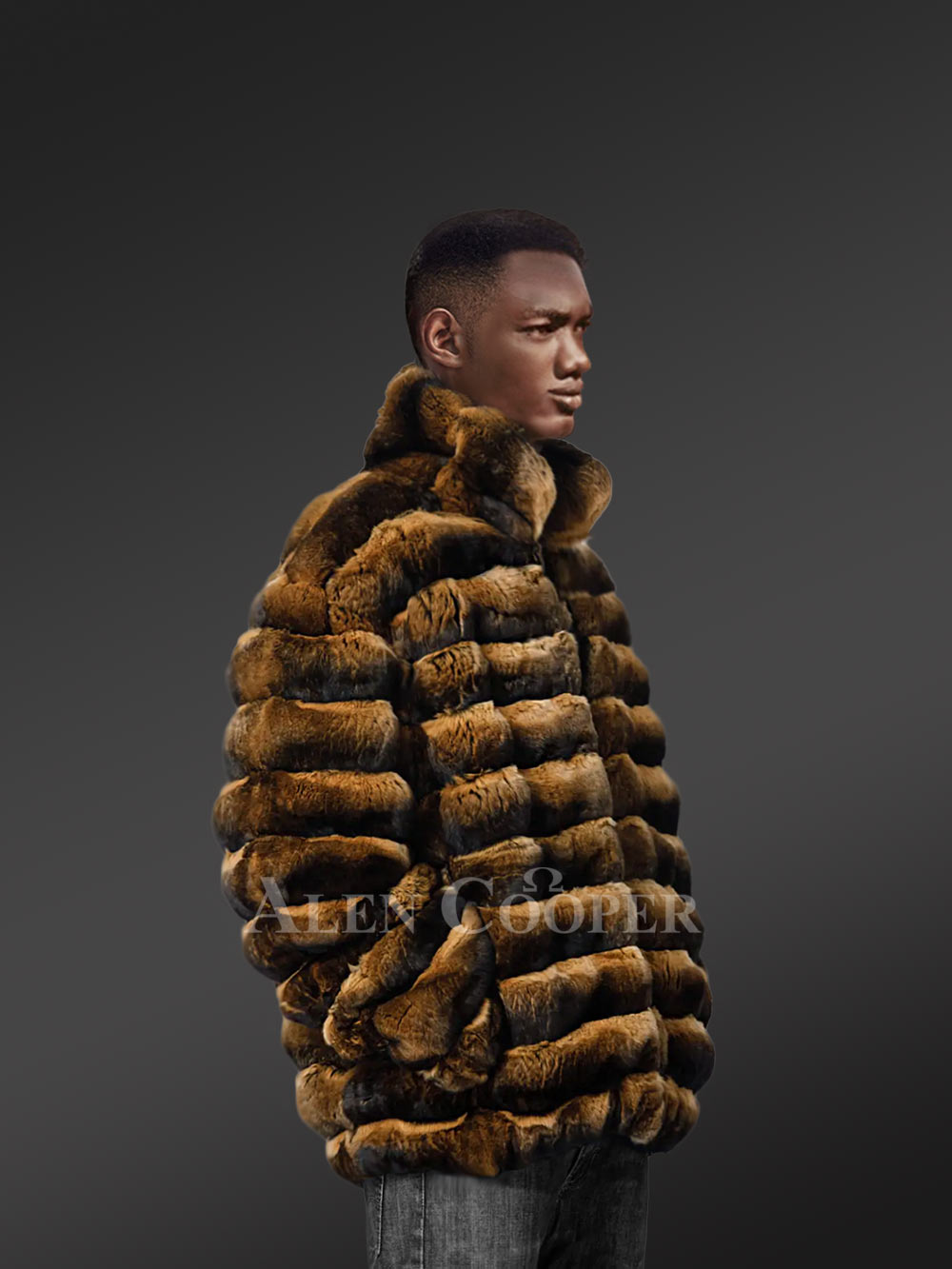 Mens Rex Rabbit Bomber Jacket with Turtleneck Collar - Image 4