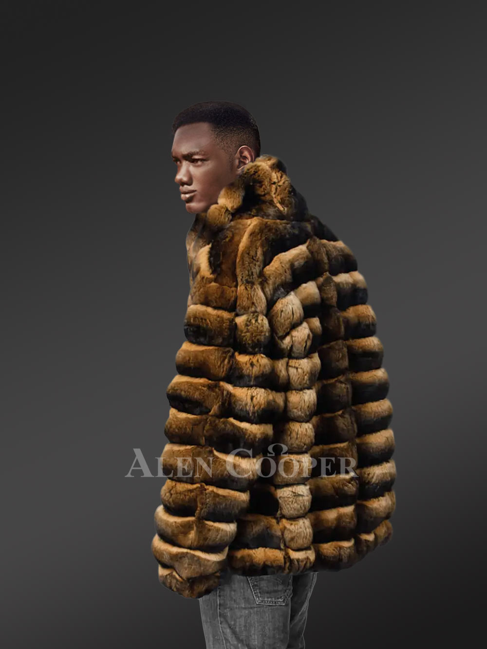 Mens Rex Rabbit Bomber Jacket with Turtleneck Collar - Image 3