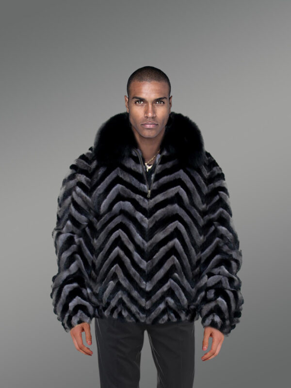 Men’s 2 Tone Black and Gray Mink Bomber with Fox Collar