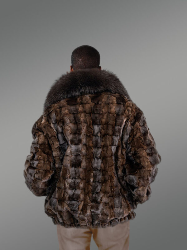 Men’s Brown Mink Diamond Section Bomber Jacket with Fox Collar - Image 2