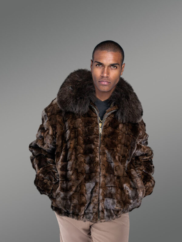 Men’s Brown Mink Diamond Section Bomber Jacket with Fox Collar