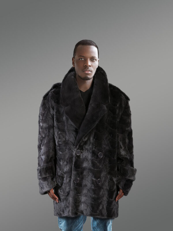 Men’s Oversized Sheared Blue Iris Section Mink Pea Coat With Fill Skin Mink Collar