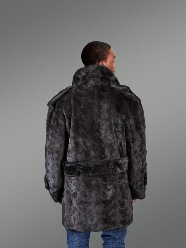 Men’s Oversized Sheared Blue Iris Section Mink Pea Coat With Fill Skin Mink Collar - Image 3