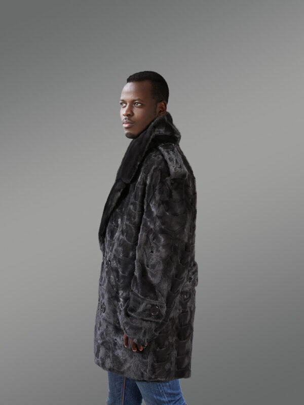 Men’s Oversized Sheared Blue Iris Section Mink Pea Coat With Fill Skin Mink Collar - Image 2