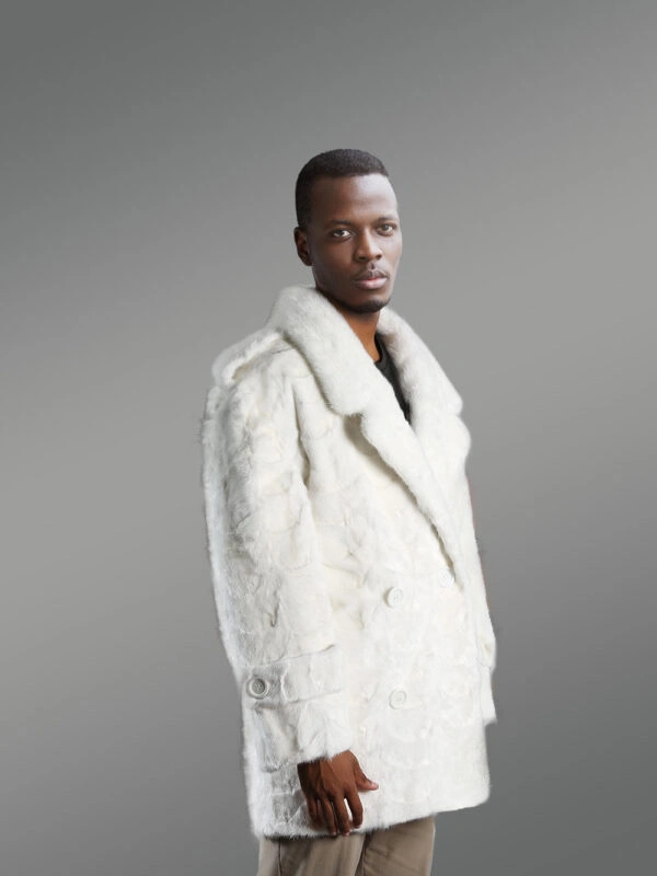 Men’s Oversized Sheared Blue Iris Section Mink Pea Coat With Full Skin Mink Collar in White (2)